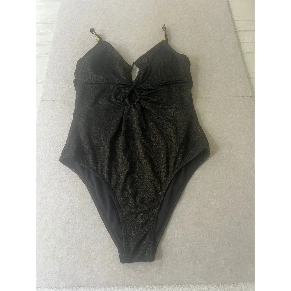 Metallic Black Gold Shimmer O-Ring One Piece Swimsuit High Cut CAA12E3B008AA M